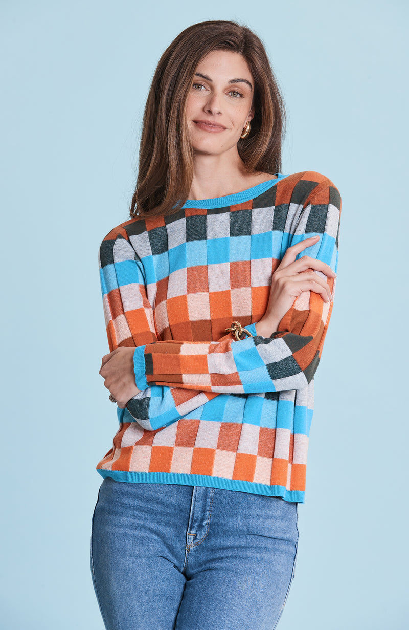 Stepped Pattern Crewneck Sweater - Multi Checks