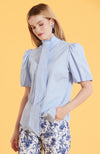 Morgan Puff Sleeve Tie Neck Blouse - Chambray