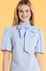 Morgan Puff Sleeve Tie Neck Blouse - Chambray