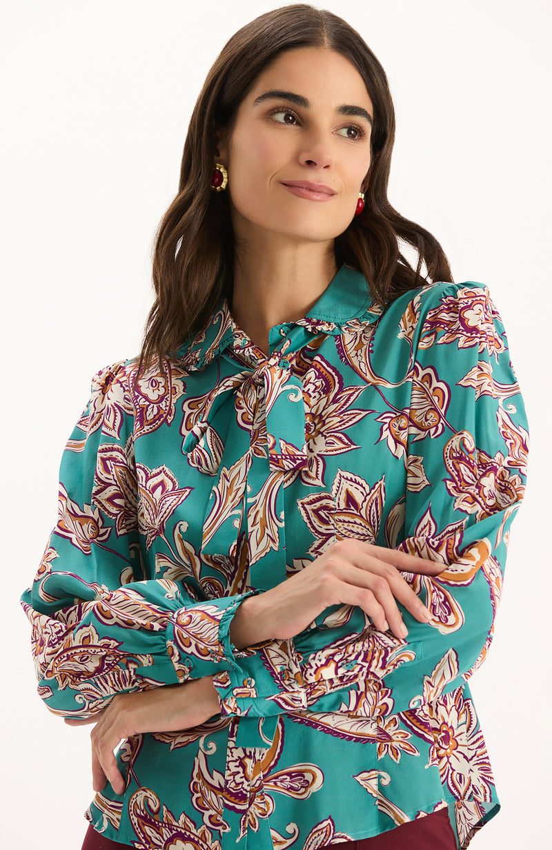 Vivian Silk Teal Paisley Blouse - Teal Paisley