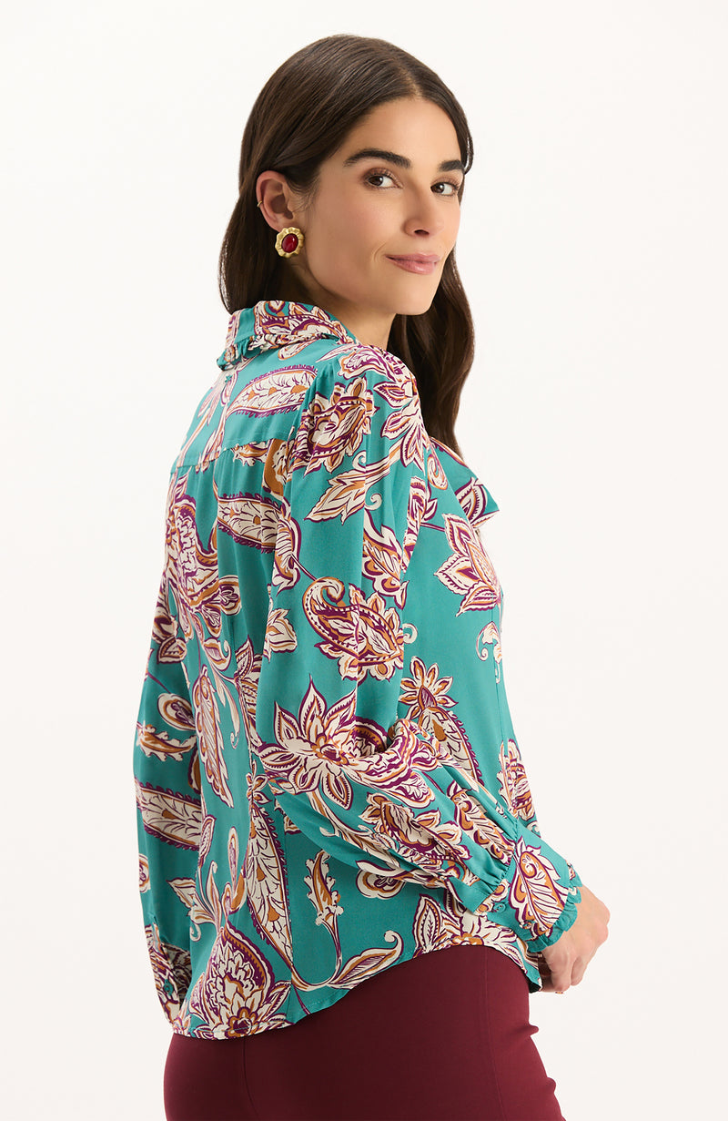 Vivian Silk Teal Paisley Blouse - Teal Paisley
