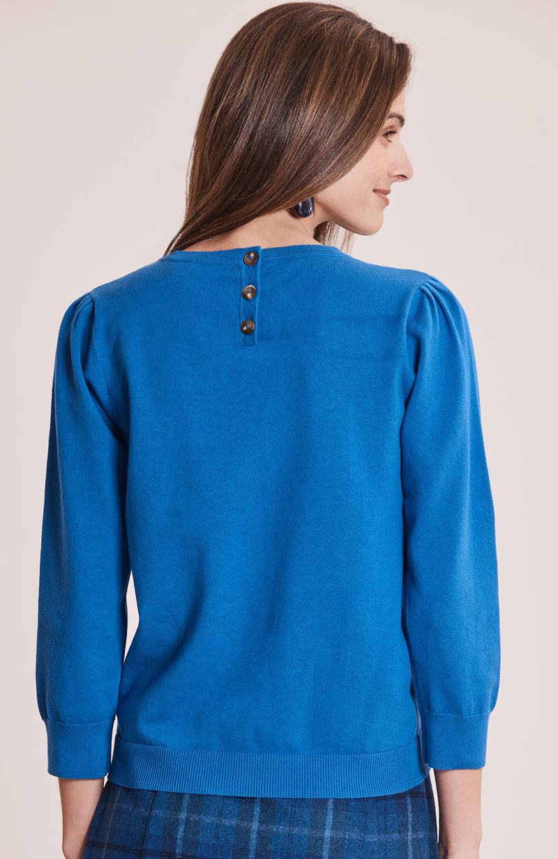 Julianne Cotton Cashmere Puff Sleeve Sweater - Sapphire