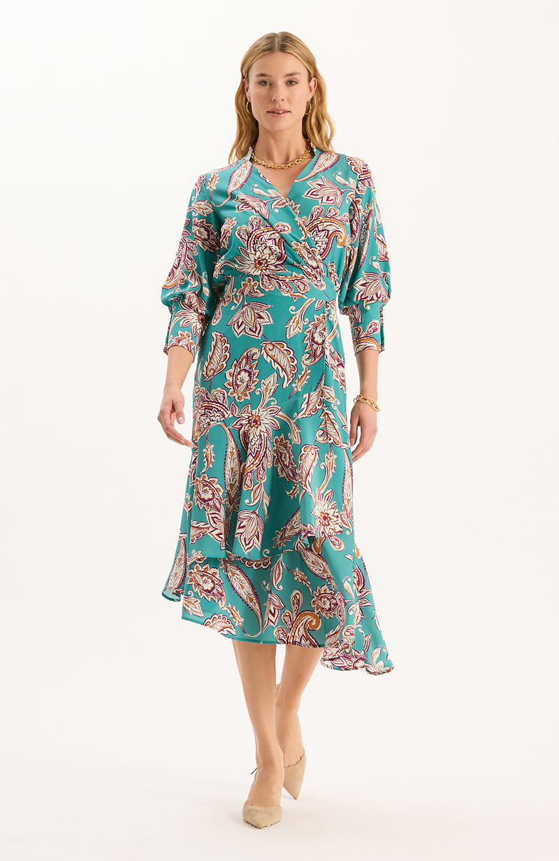 Jules Silk Teal Paisley Wrap Dress - Teal Paisley
