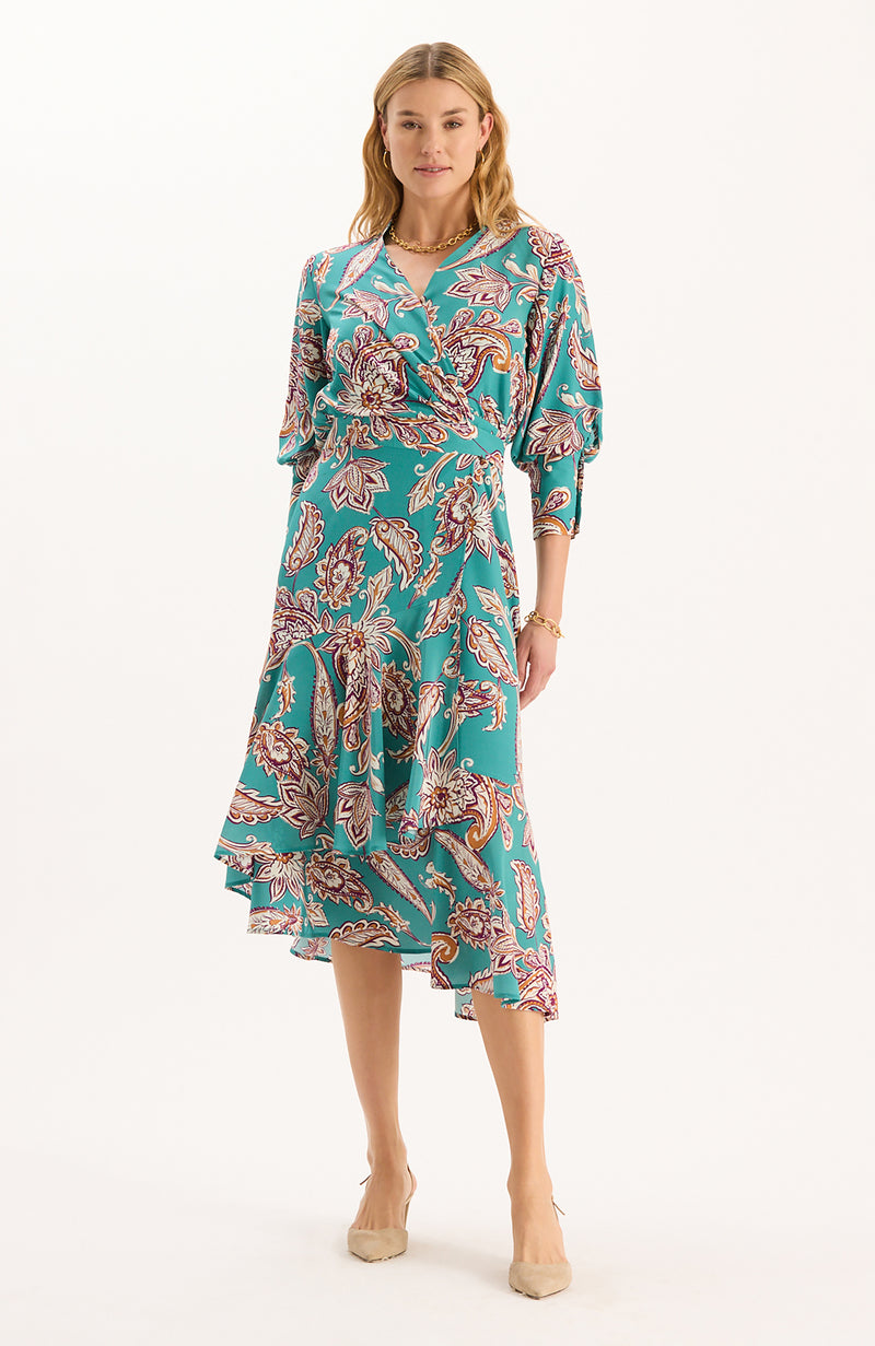 Jules Silk Teal Paisley Wrap Dress - Teal Paisley