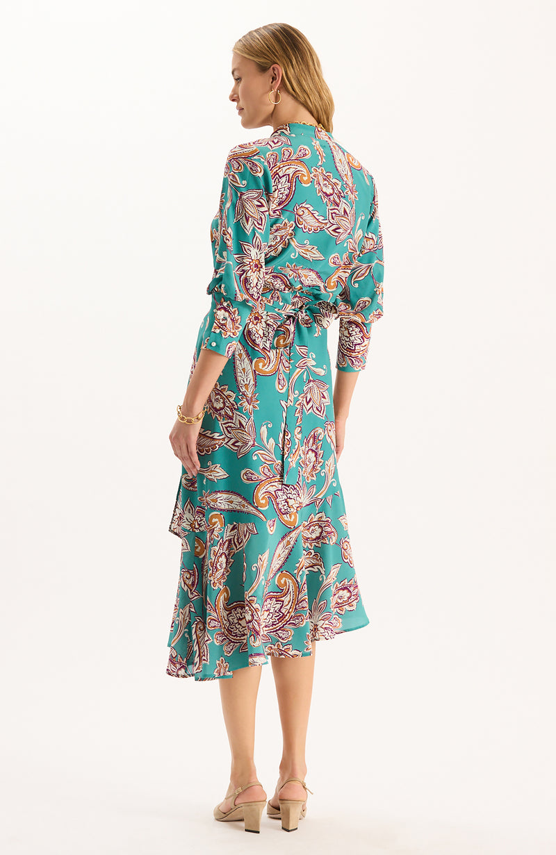 Jules Silk Teal Paisley Wrap Dress - Teal Paisley