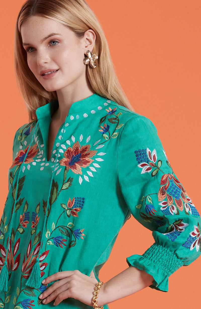 Niki Embroidered Linen Dress - Parakeet