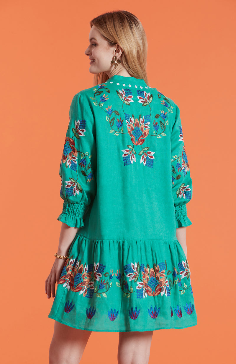 Niki Embroidered Linen Dress - Parakeet