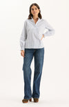 Gwen Pinstripe Ruffle Neck Shirt - Blue Pinstripe