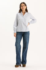 Gwen Pinstripe Ruffle Neck Shirt - Blue Pinstripe