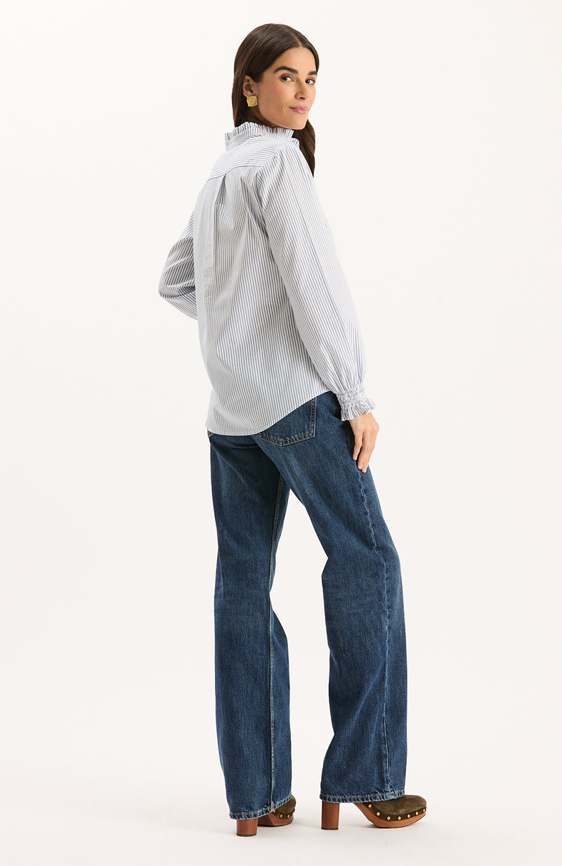 Gwen Pinstripe Ruffle Neck Shirt - Blue Pinstripe