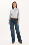Gwen Pinstripe Ruffle Neck Shirt - Blue Pinstripe