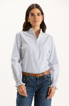 Gwen Pinstripe Ruffle Neck Shirt - Blue Pinstripe