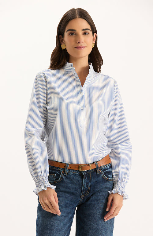 Gwen Pinstripe Ruffle Neck Shirt - Blue Pinstripe