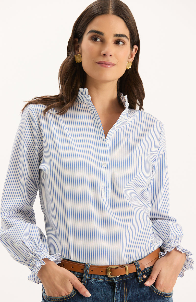 Gwen Pinstripe Ruffle Neck Shirt - Blue Pinstripe