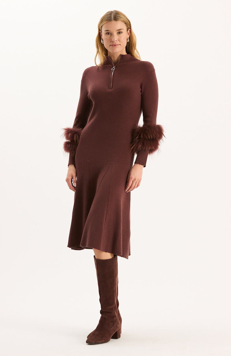 Celia Knit Fur Sleeve Dress - Cherry Mahogany
