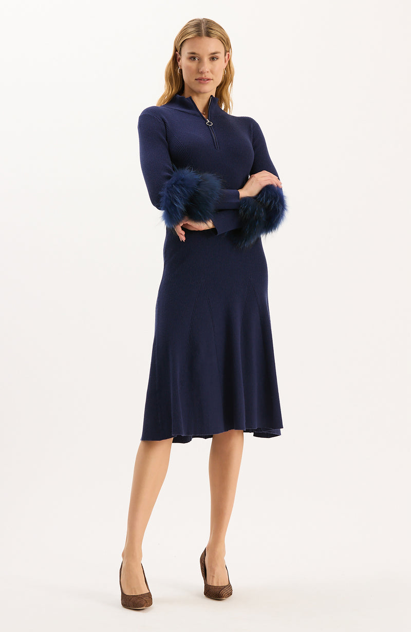 Celia Knit Fur Sleeve Dress - Mid Navy