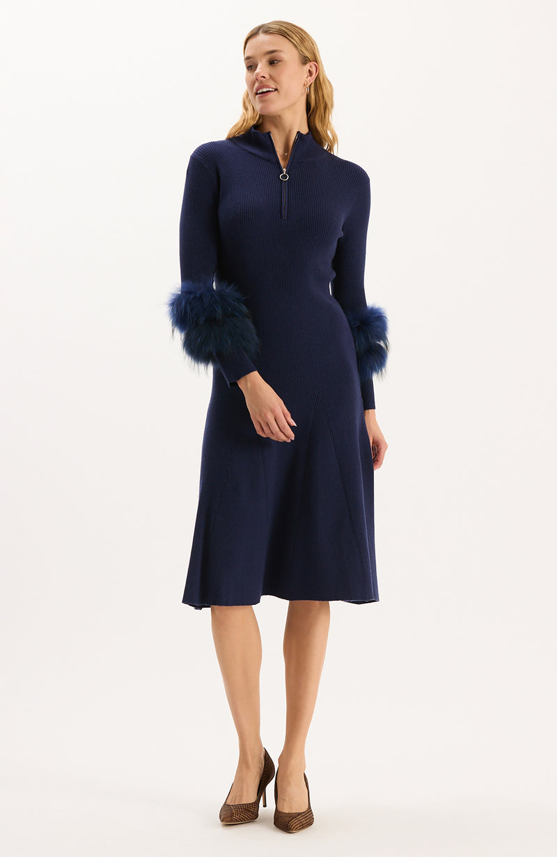 Celia Knit Fur Sleeve Dress - Mid Navy