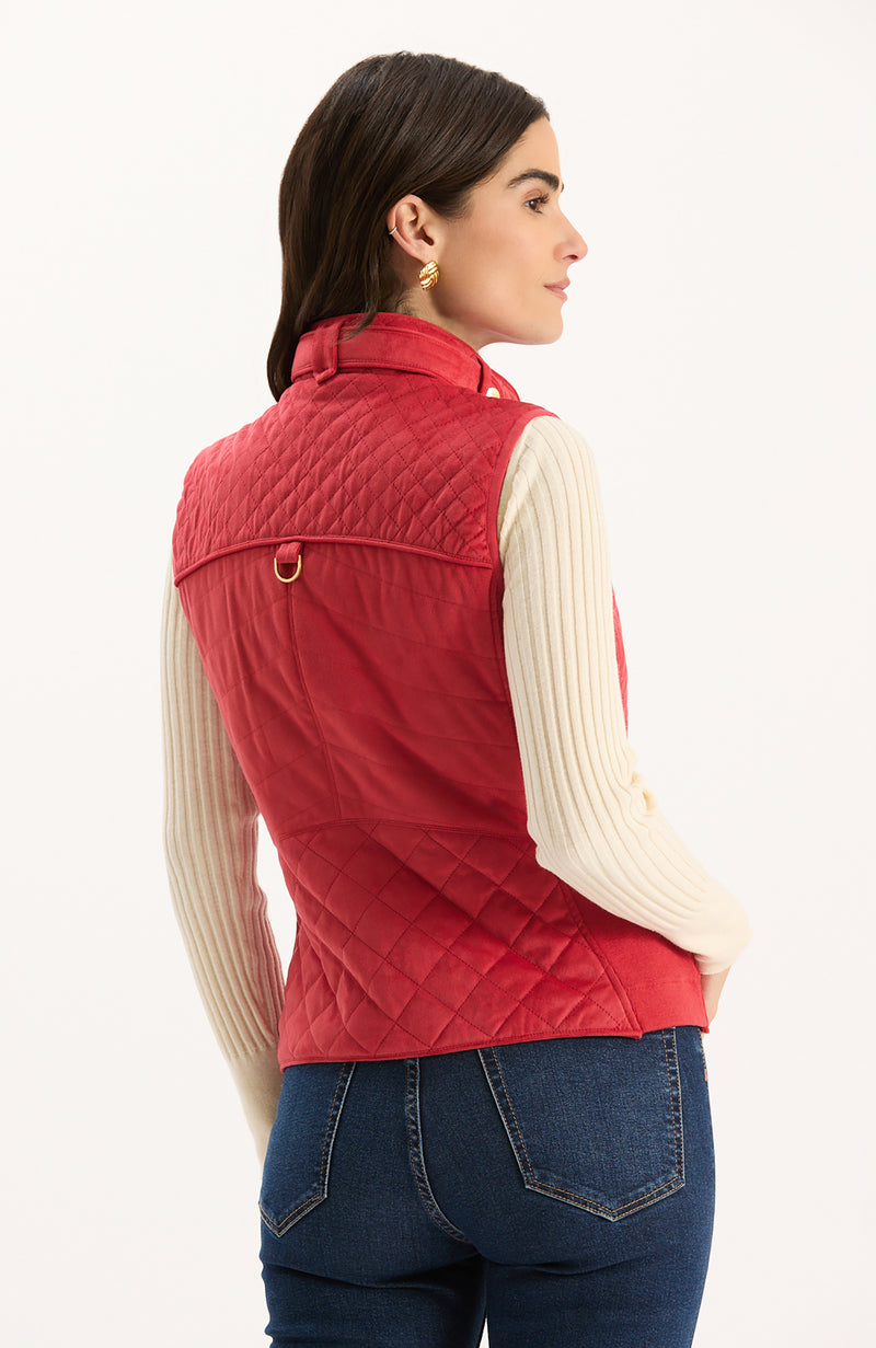Faux Suede Moto Vest - Vermillion