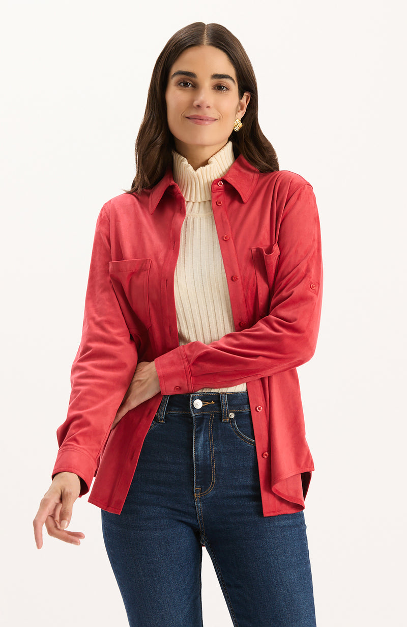 Addison Faux Suede Shirt - Vermillion