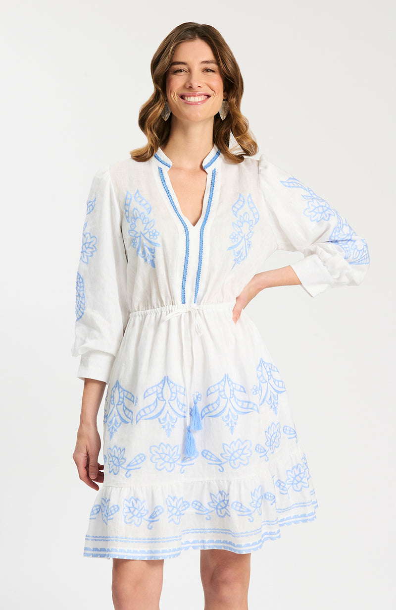 embroidered blue and white dress Rona Linen Embroidered Dress