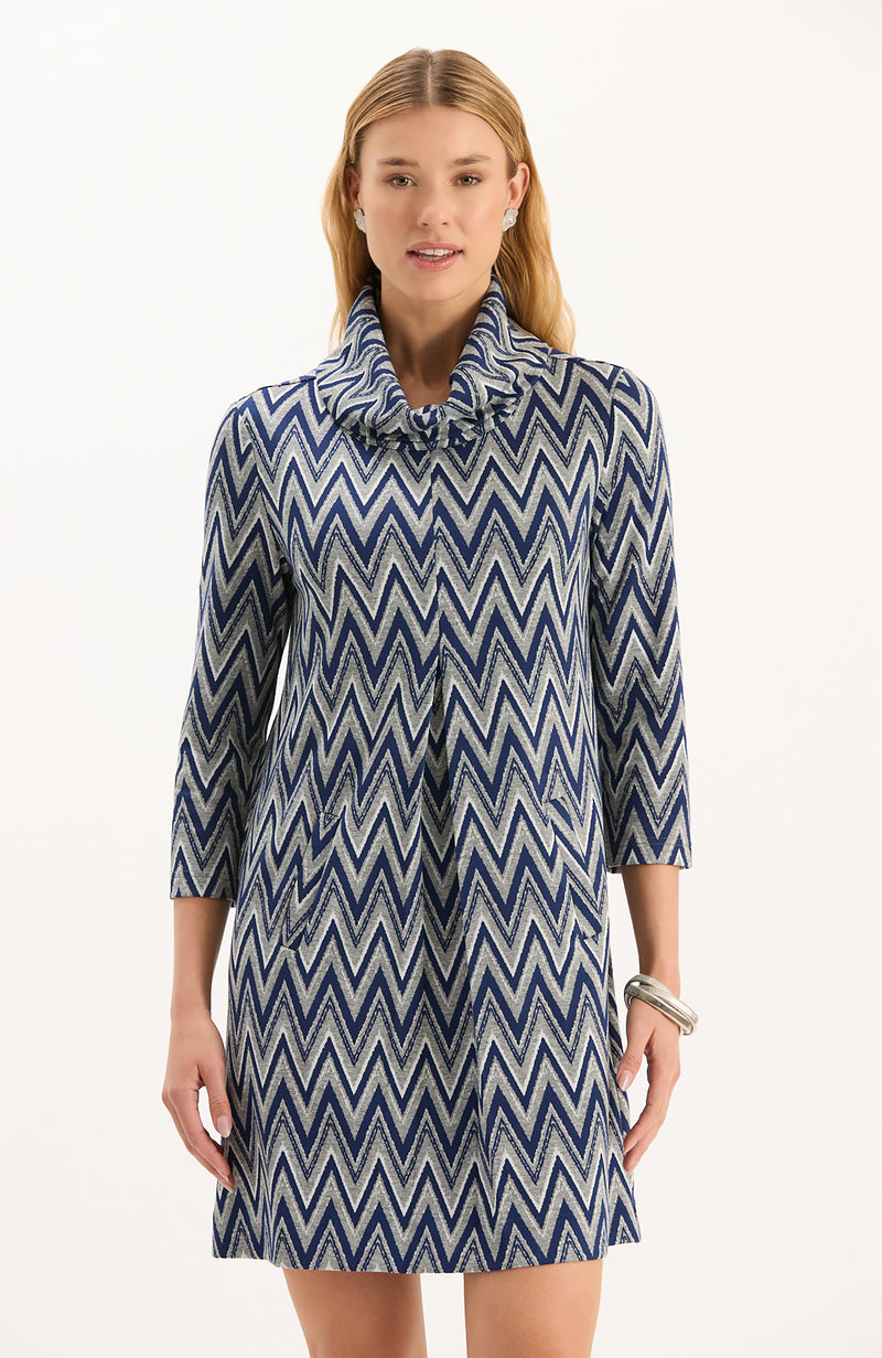 Kim Knit Dress - Blue Silver White Chevron
