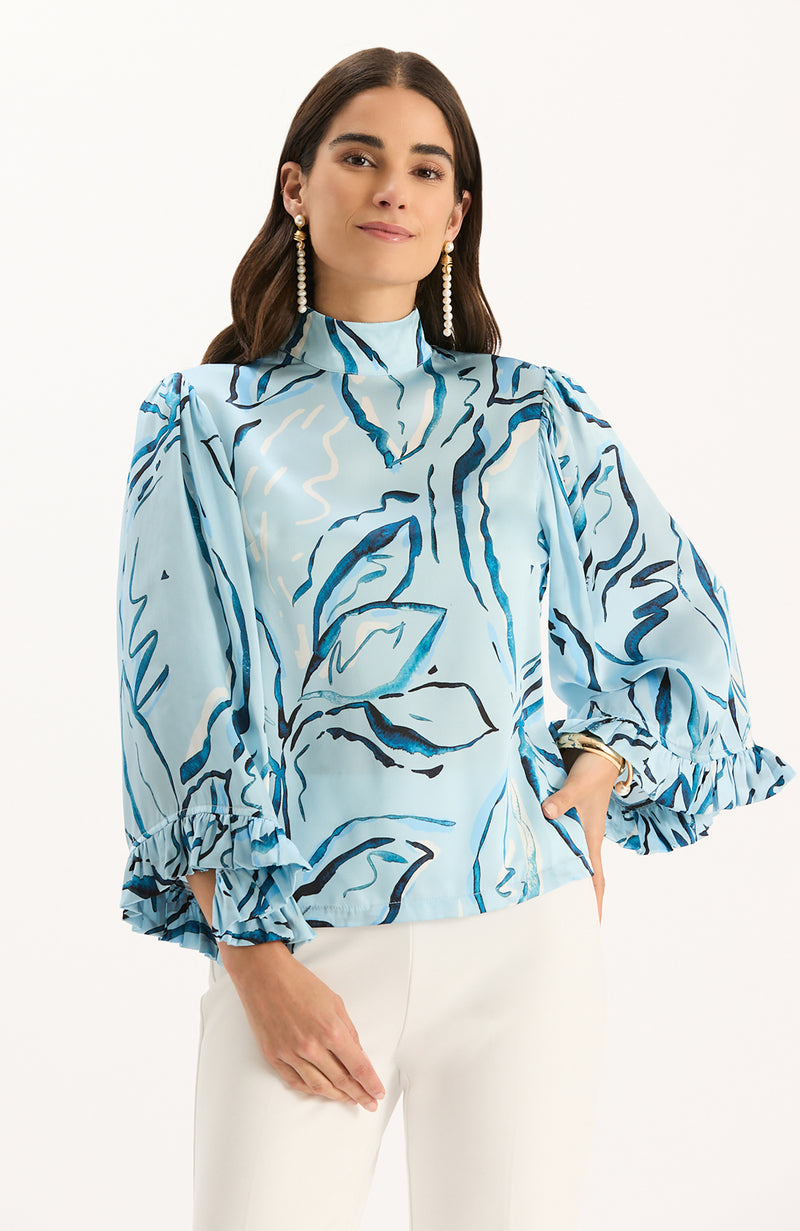 Sarah Charmeuse Mock Neck Top - Iced Blue