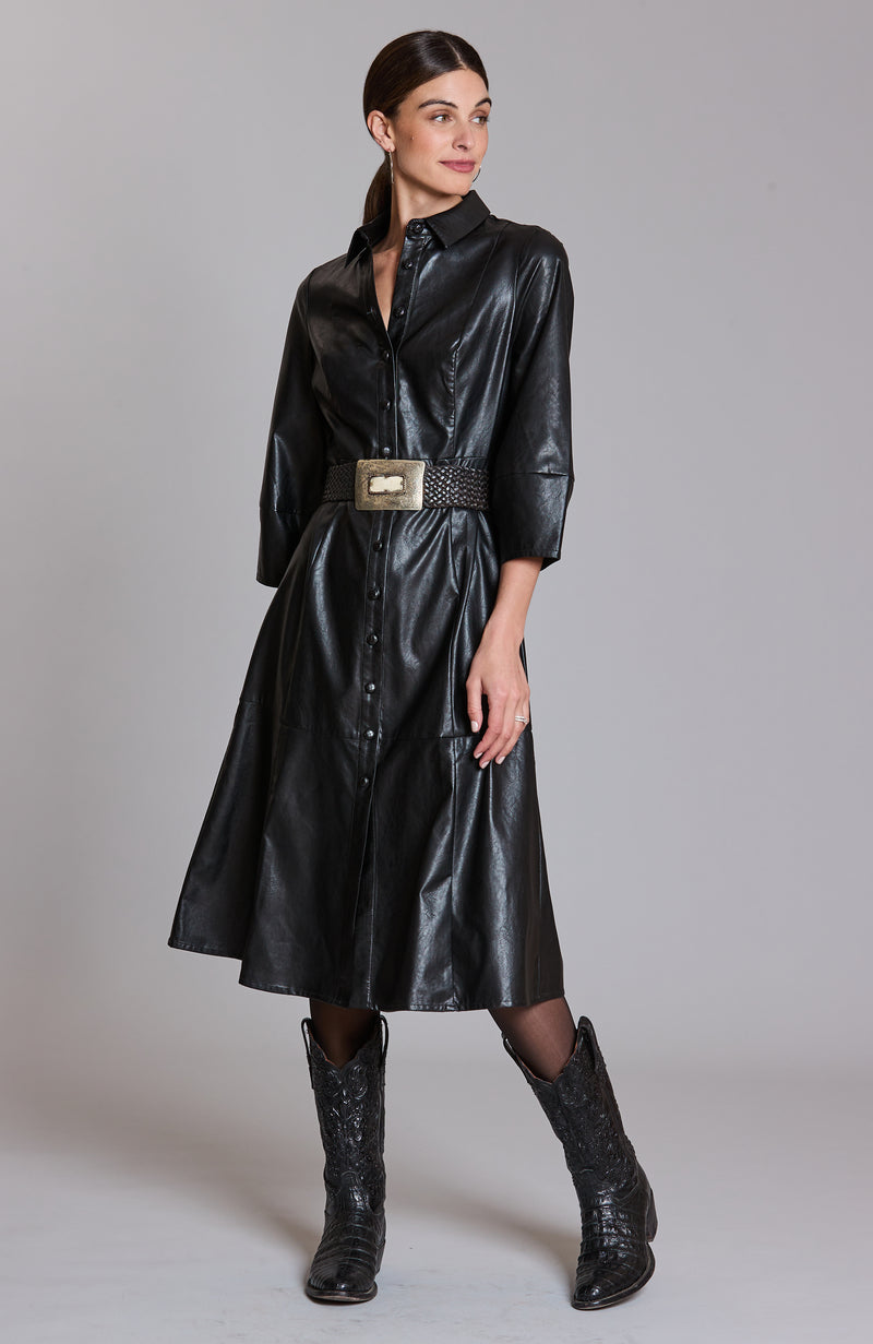 Beth Vegan Leather Midi Dress - Black