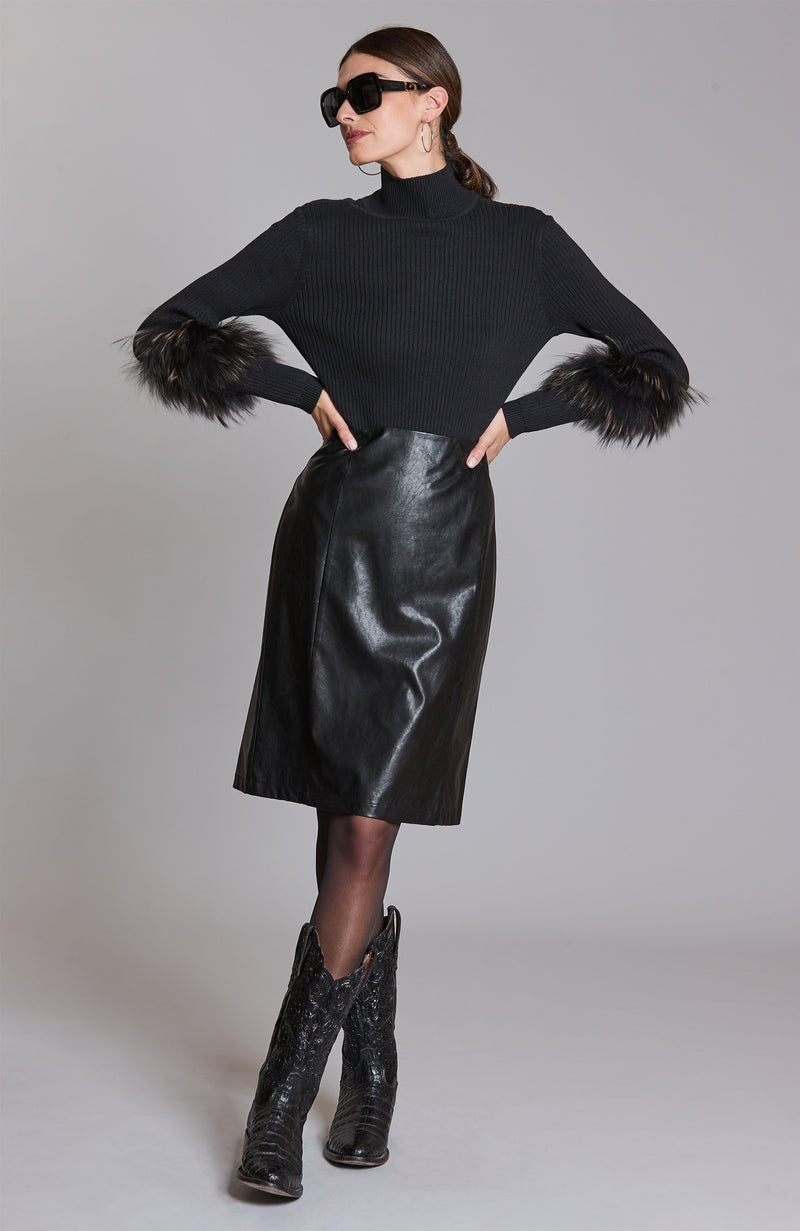 Skyler Vegan Leather Knee Length Skirt - Black