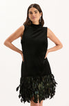 Colette Feather Hem Velvet Dress - Black