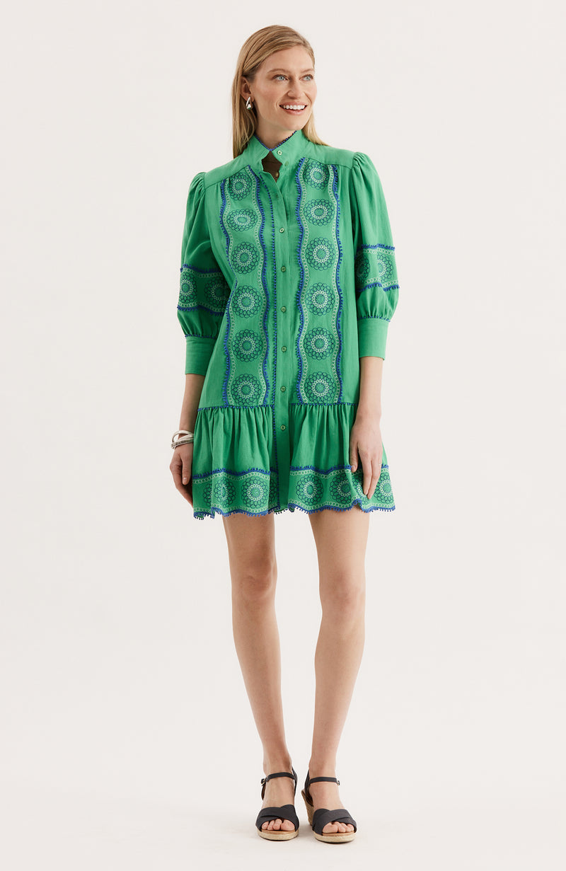 Christy Embroidered Skimmer Dress - Kelly Green