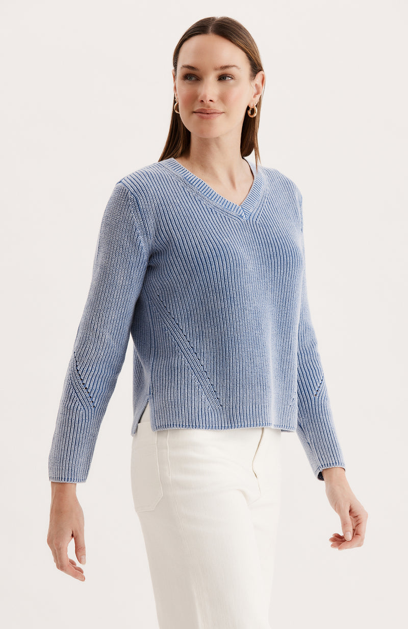 Mineral Wash V Neck Sweater - Dazzling Blue