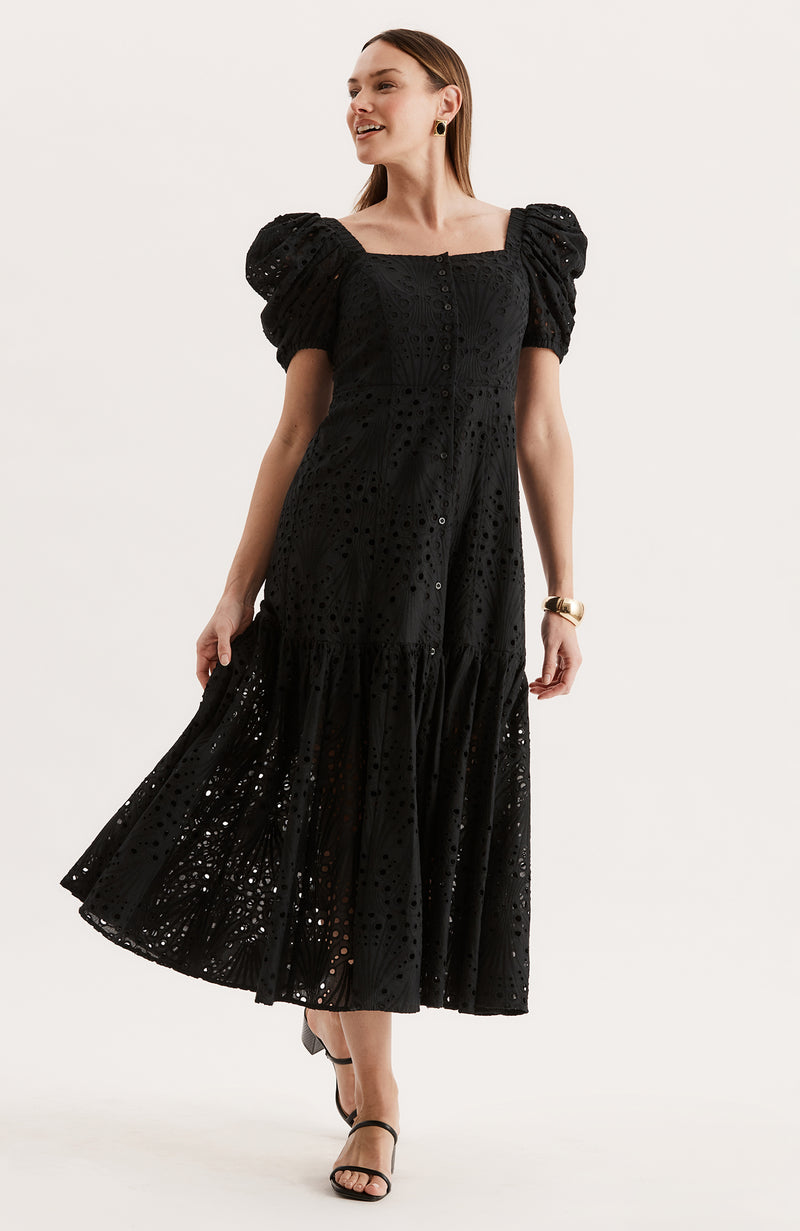 Cleo Eyelet Midi Dress - Black