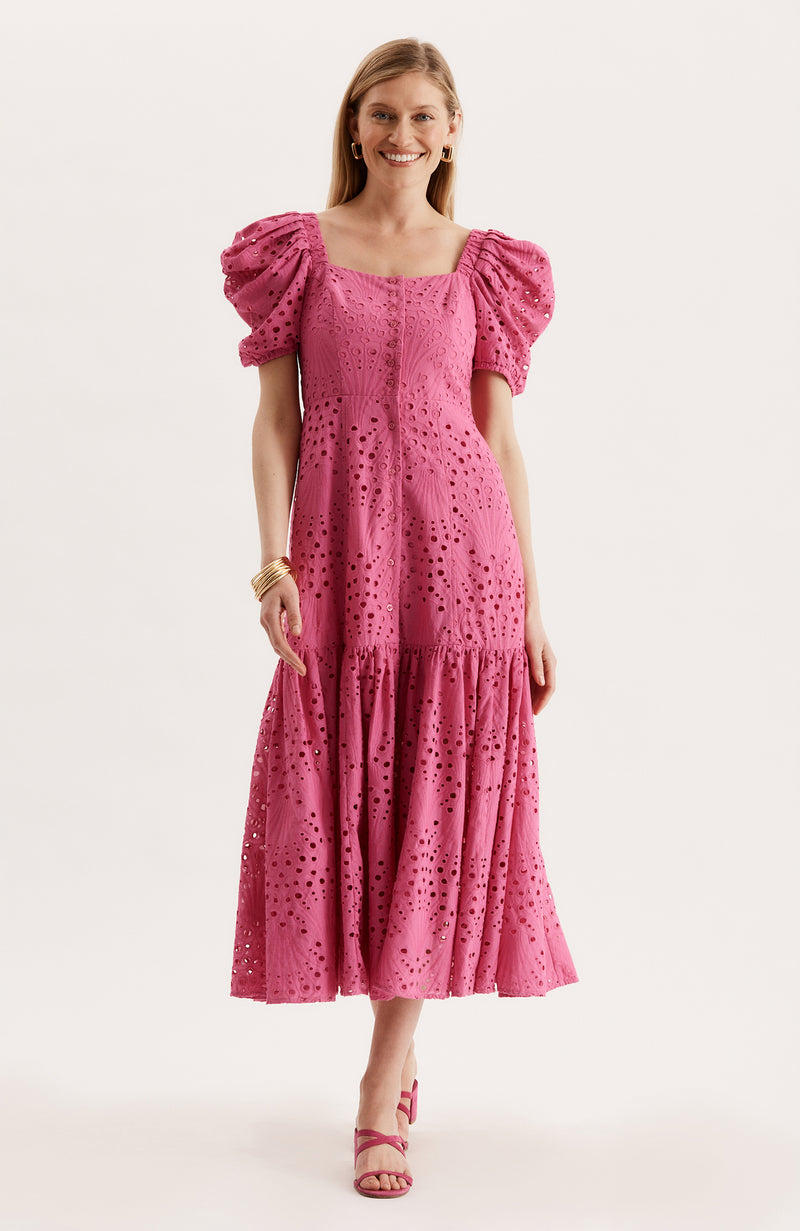 Cleo Eyelet Midi Dress - Hot Pink