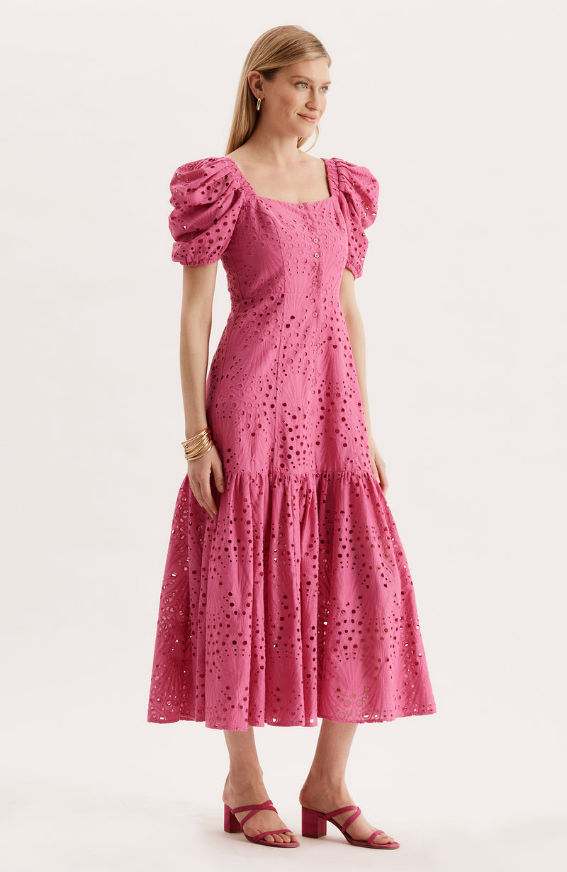 Cleo Eyelet Midi Dress - Hot Pink