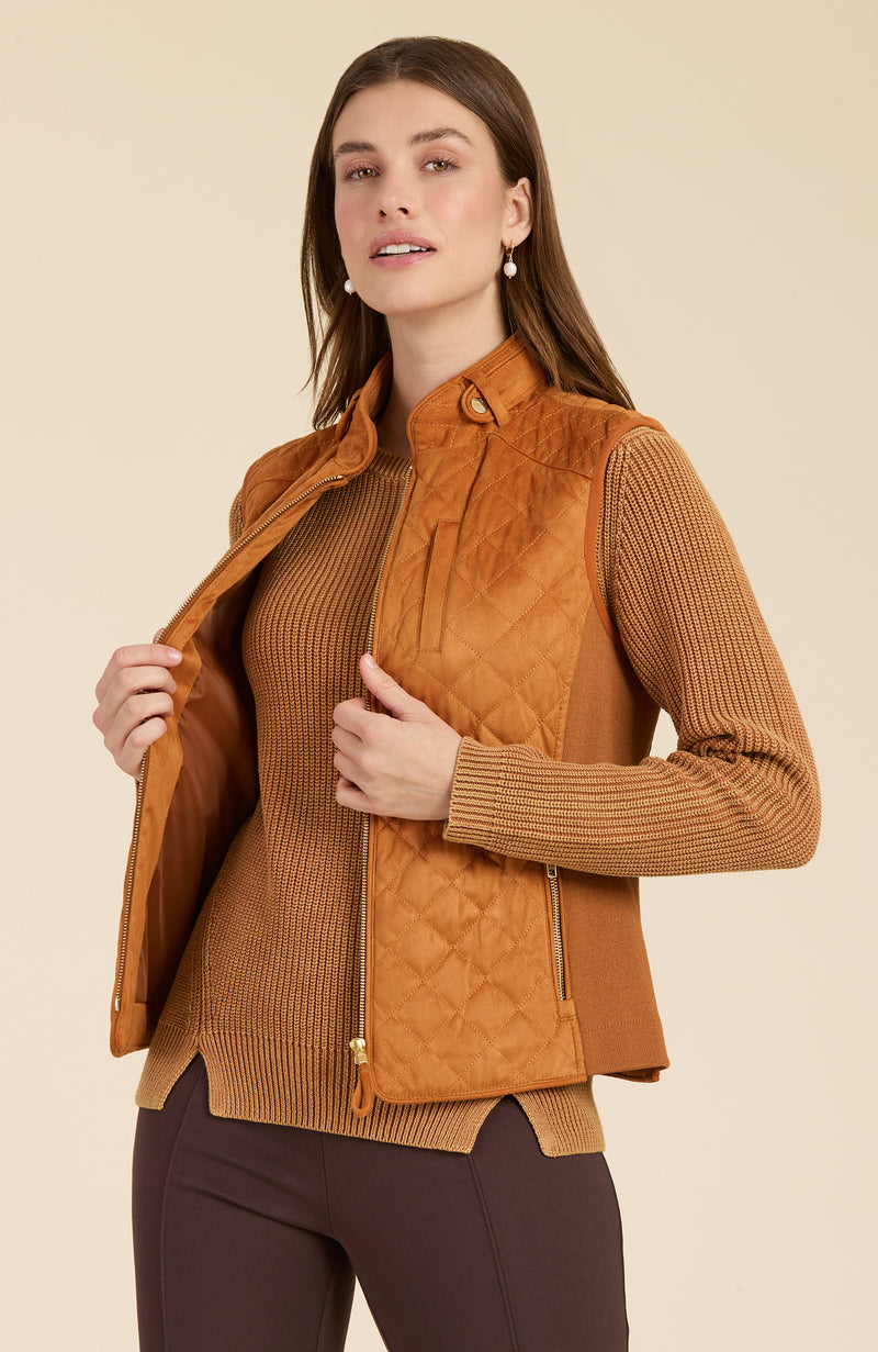 Faux Suede Moto Vest - Chestnut