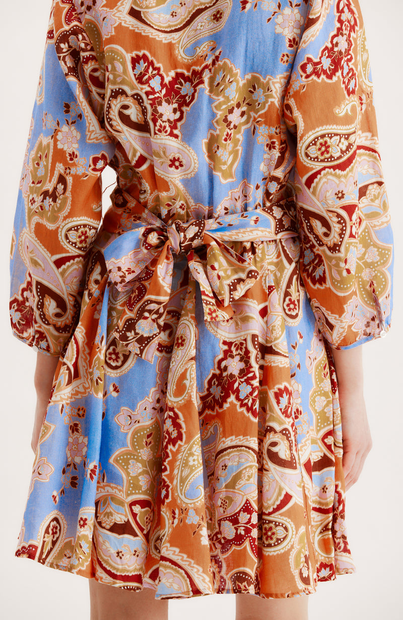 Gabriella Linen Blue Paisley Dress - Blue Paisley