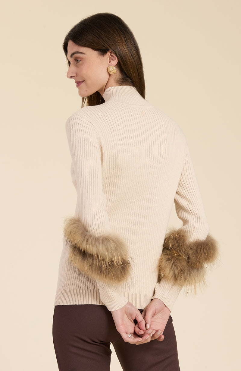 Cotton Cashmere Mock Neck Fur Sweater - Limestone