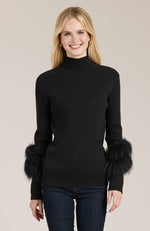 Cotton Cashmere Mock Neck Fur Sweater - Black