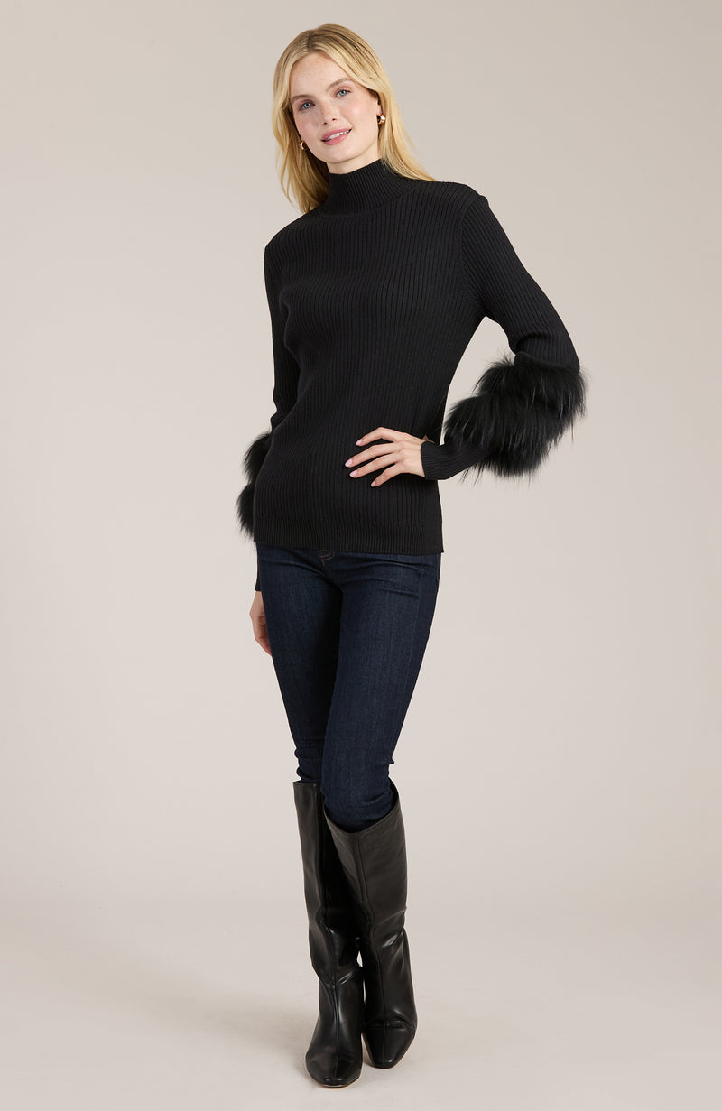 Cotton Cashmere Mock Neck Fur Sweater - Black