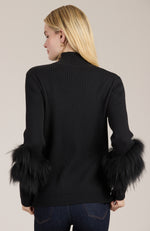 Cotton Cashmere Mock Neck Fur Sweater - Black