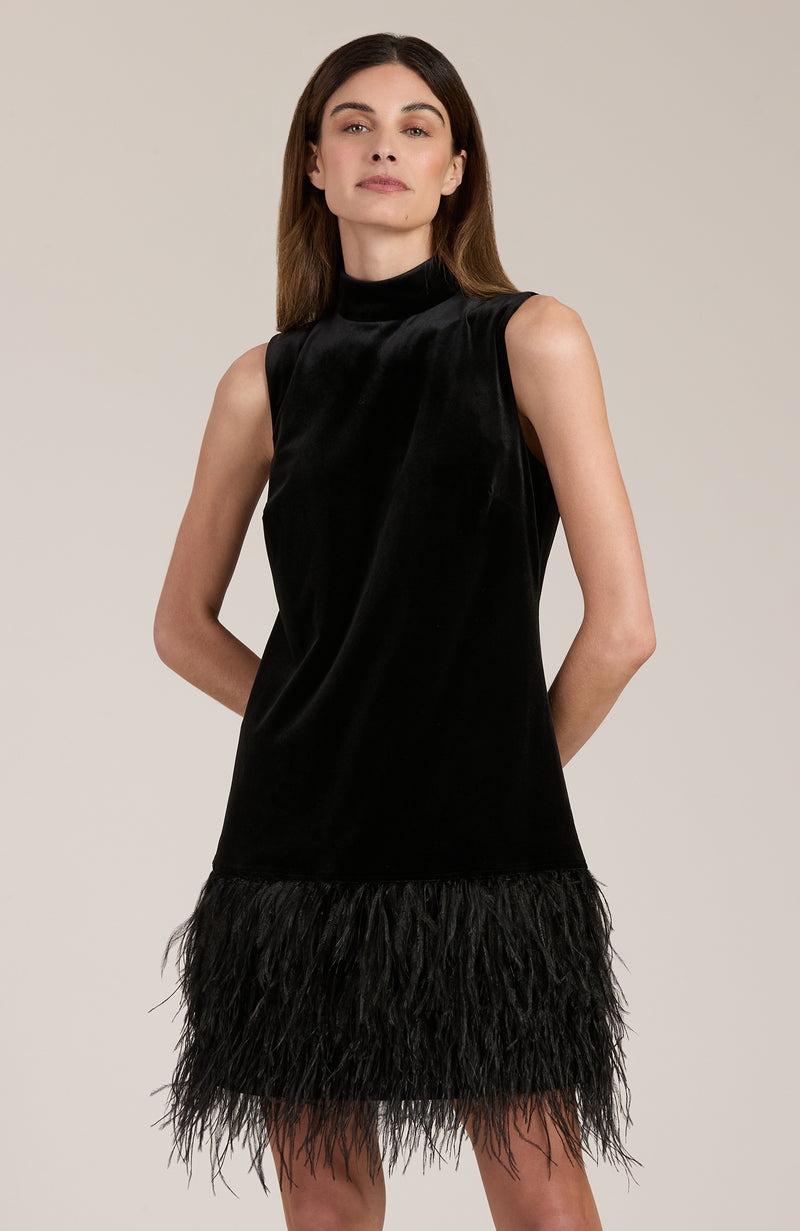 Victoria Velvet Feather Dress - Black