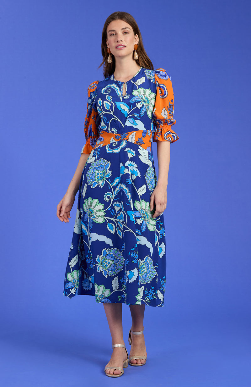 Juliette Silk Floral Midi Dress - Orange Sapphire Floral