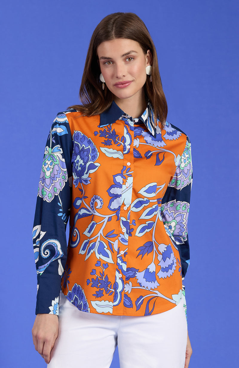 Chloe Cotton Print Shirt - Orange Sapphire Floral