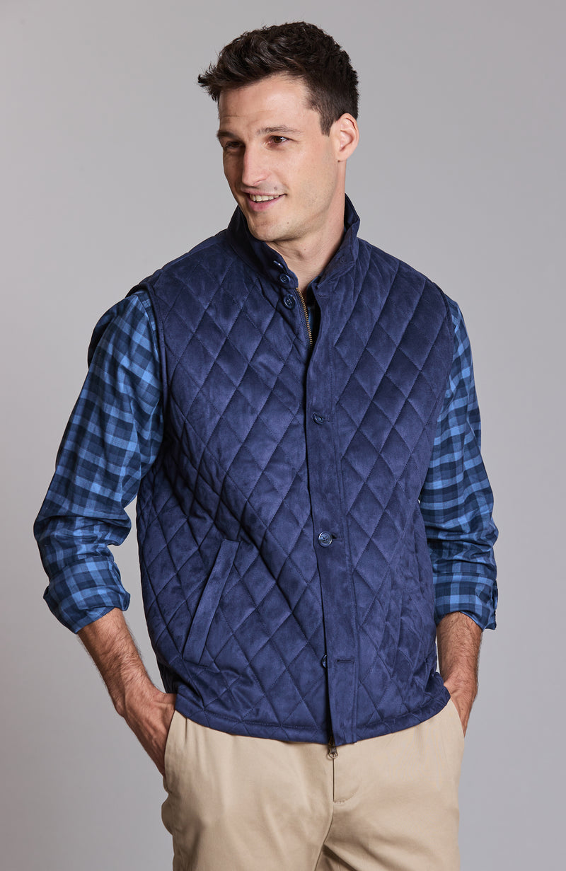 Faux Suede Quilted Vest - Navy