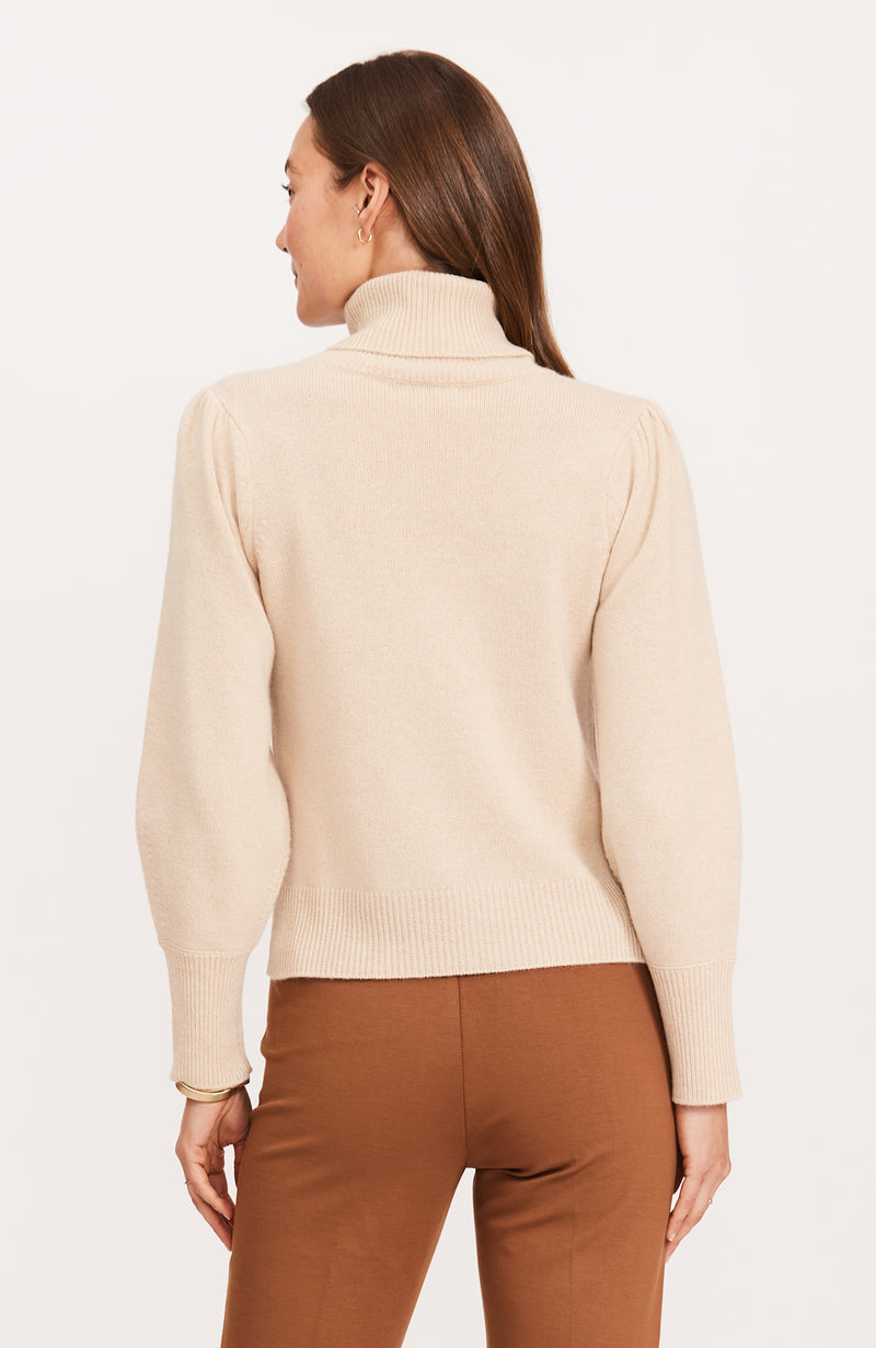 Cashmere Puff Sleeve Turtleneck Sweater - Almond