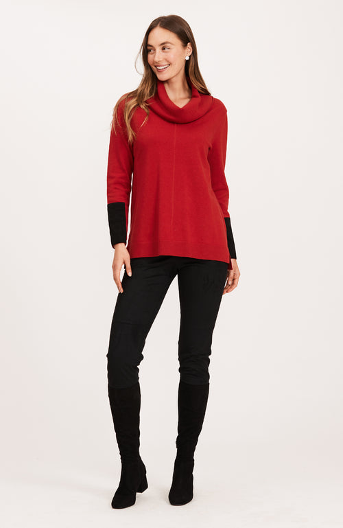 Cotton Cashmere Cowl Neck Tunic - Crimson