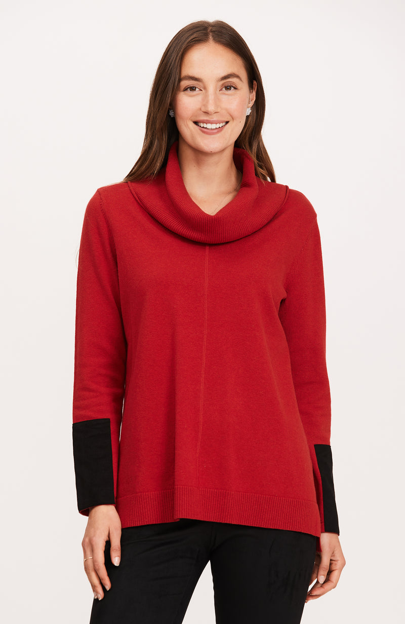 Cotton Cashmere Cowl Neck Tunic - Crimson