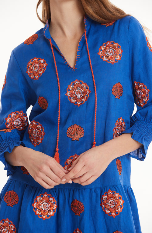 Niki Shell Embroidered Dress - Bluebell